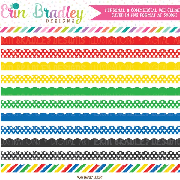 Primary Colors Borders Clipart Scalloped Border Frames Clip Art Graphics in Red Yellow Green Blue & Charcoal Black