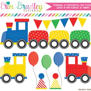 Train Birthday Clipart: Red, Yellow, Green, Blue (PNG Digital Download)