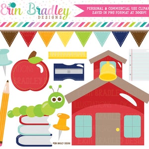 Escola Clipart Conjunto de gráficos digitais Bookworm Schoolhouse Apple Bunting Livros Papel Professores Clip Art Gráficos Download instantâneo