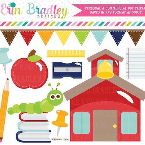 School Clipart Digital Graphics Set Bookworm Schoolhouse Apple Etsy