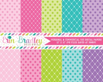 Princess Party Digital Paper Pack Diamond and Polka Dotted Digital Scrapbook Paper Set in Pink Green Blue & Purple, Commercial Use Graphics