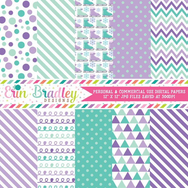Ice Skating Digital Paper Pack in Purple and Aqua Blue with Etsy