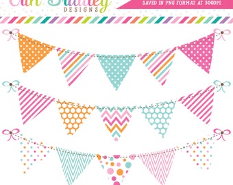 Pink Blue Orange Bunting Banner Flag Clipart Graphics Polka Dots Stripes Chevron Pennant Banner Clip Art Instant Download