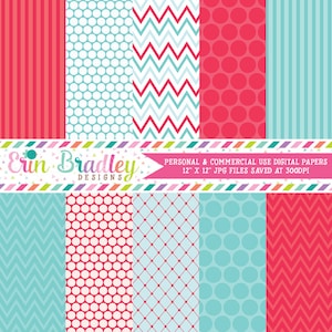 Summer Days Blue and Red Digital Paper Pack Commercial Use Instant Download