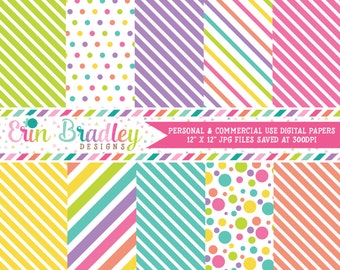 Easter Girls Digital Papers Green Purple Pink Yellow Blue Orange Stripes & Polka Dots Digital Paper Pack Instant Download