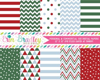 Christmas Digital Paper Pack Holiday Red Green & Blue Digital Scrapbook Paper Graphics Polka Dots Chevron Triangle Patterns