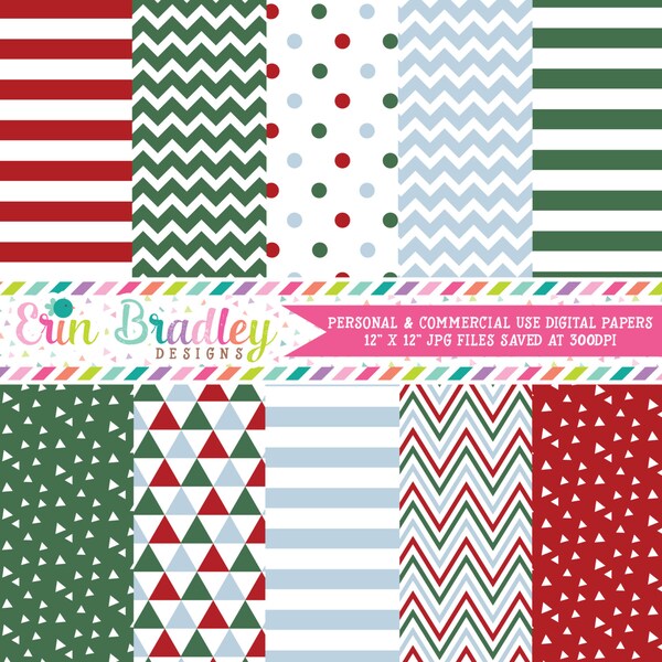 Christmas Digital Paper Pack Holiday Red Green & Blue Digital Scrapbook Paper Graphics Polka Dots Chevron Triangle Patterns