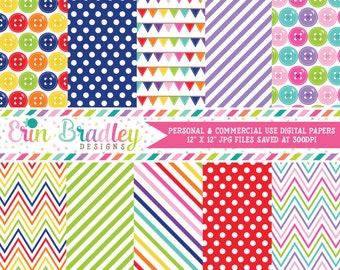 Cute as a Button Digital Backgrounds Printable Digital Paper Pack Instant Download with Polka Dots Stripes & Chevron Patterns