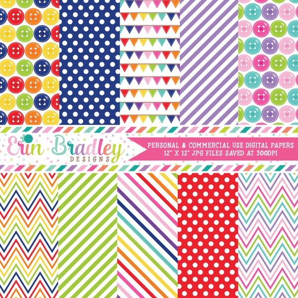 Cute as a Button Digital Backgrounds Printable Digital Paper Pack Instant Download with Polka Dots Stripes & Chevron Patterns