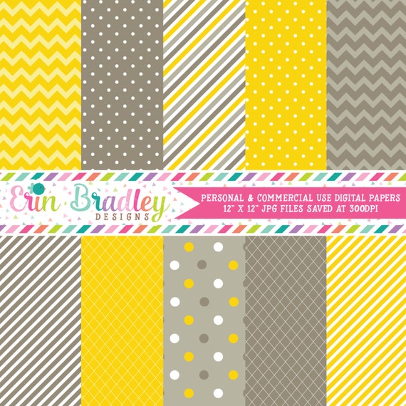 Digital Scrapbook Paper Yellow and Grey Brown Polka Dots and Stripes