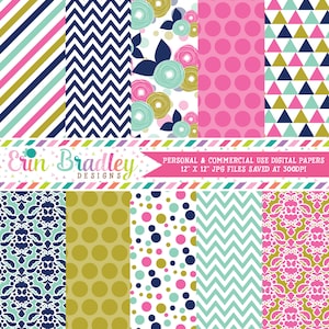 Pink, Blue & Gold Digital Paper Pack: Polka Dots, Stripes (Digital Download)
