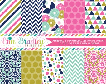 Pink Blue & Gold Digital Paper Pack Polka Dots Stripes Triangles Flowers and Damask Patterns Digital Scrapbook Paper