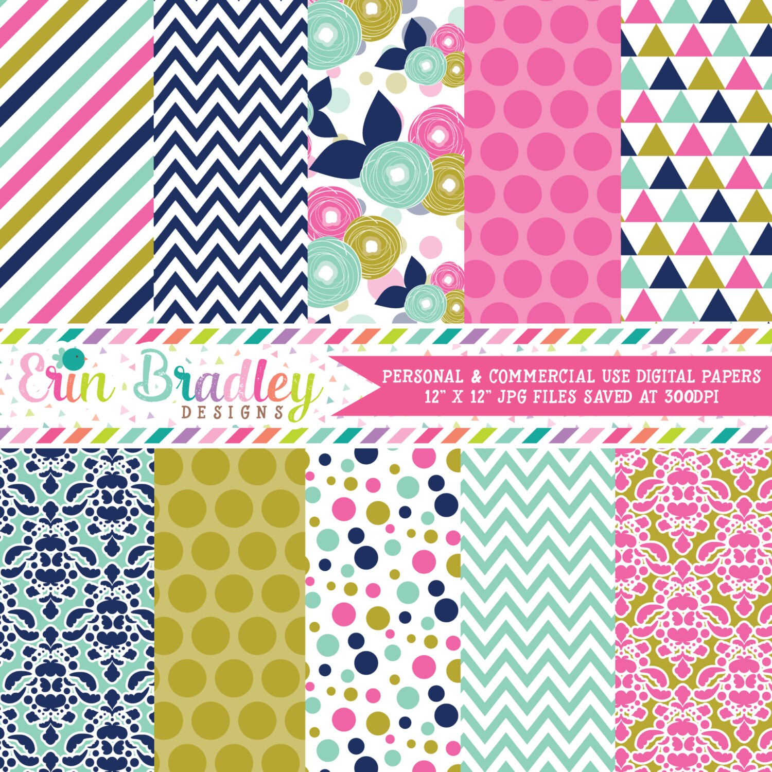 Pink, Blue & Gold Digital Paper Pack: Polka Dots, Stripes (digital ...