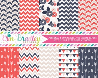 Summer Breeze Digital Paper Pack Arrows Chevron Bunting and Flower Patterns Commerical Use Instant Download