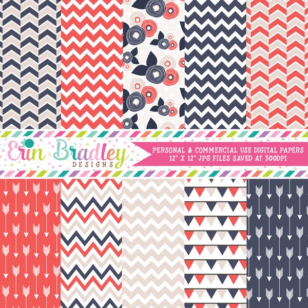 Summer Breeze Digital Paper Pack Arrows Chevron Bunting and Flower Patterns Commerical Use Instant Download