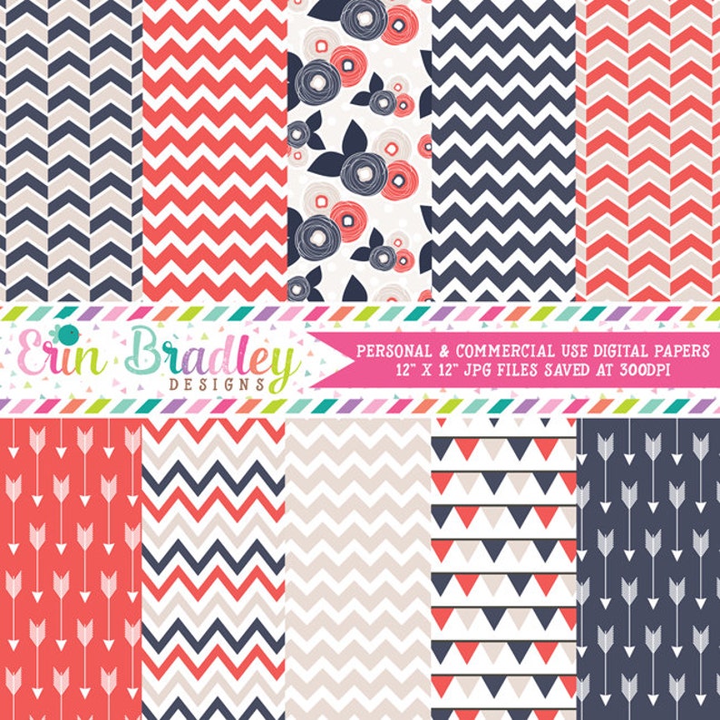 Summer Breeze Digital Paper Pack Arrows Chevron Bunting and Flower Patterns Commerical Use Instant Download image 1