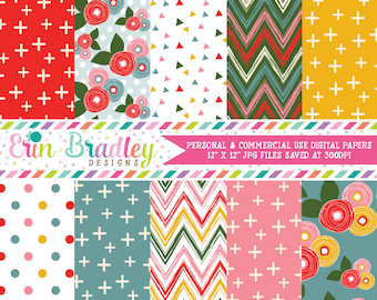 Pink Bloom Digital Paper Pack with Floral Chevron Cross Triangle and Polka Dotted Patterns