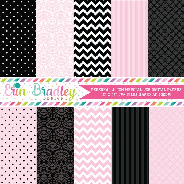 Pink and Black Digital Papers Set Printable Papers Personal & Commercial Use Instant Download