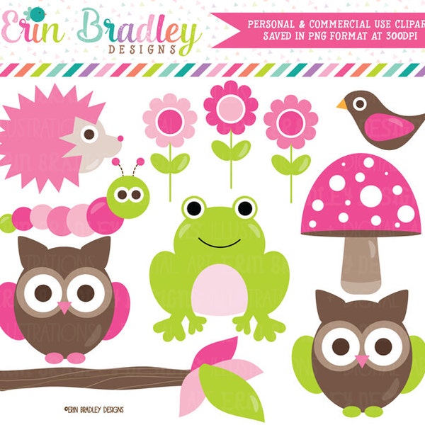 Nature Animals Clipart Graphics Pink Green Brown Owls Frog Worm Bird Flowers Tree and Hedgehog Clip Art Instant Download