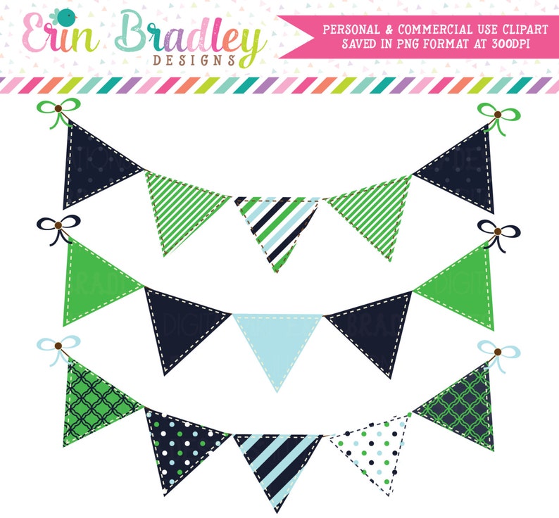 Digital Banners Clipart Preppy Blue Kelly Green Bunting Flags Etsy