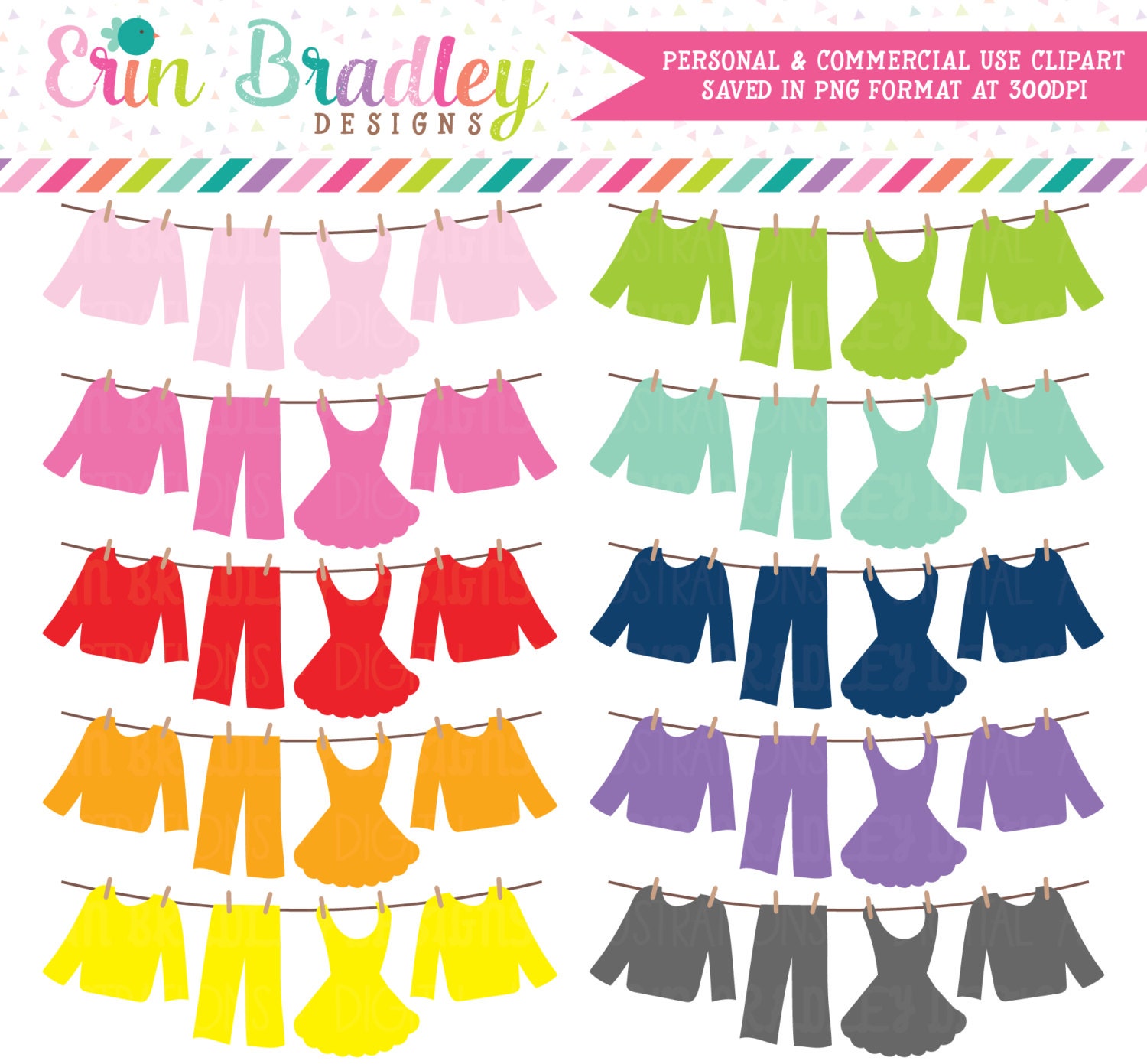 Laundry Line Clipart Clothing Line Clip Art Graphics Laundry Etsy