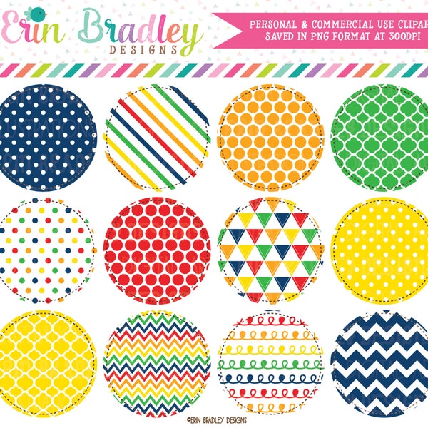 Primary Colors Clipart Circles Commercial Use Clip Art Graphics with Polka Dots Stripes Triangles Chevron & Doodles