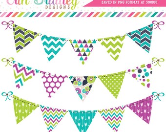Purple Green & Blue Clipart Bunting Graphics Commercial Use Instant Download Clip Art with Flowers Polka Dots Chevron Arrows