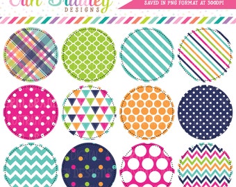 Summer Circles Clipart Pink Blue Green Orange Plaid Striped Triangle Chevron and Polka Dotted Patterns