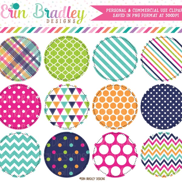 Summer Circles Clipart Pink Blue Green Orange Plaid Striped Triangle Chevron and Polka Dotted Patterns