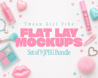 Tween Girl Flat Lay Mockups, Girly Apparel Photos (9 JPEG Bundle)