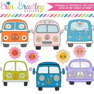 Retro hippie bestelwagens clipart, Daisy smiley clipart-graphics, retro bloemen jaren 1970 Clip Art, Van Life clipart, Corjl & Canva commercieel gebruik