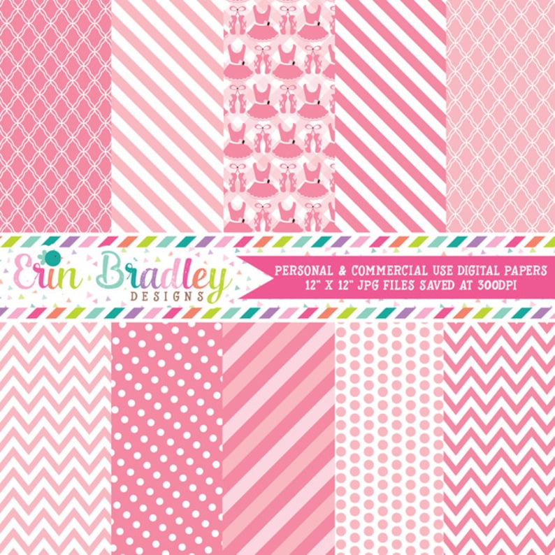 Pink Ballerina Tutus Digital Paper Pack Polka Dots Stripes Chevron Instant Download