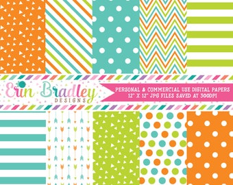 Digital Paper Pack in Orange Teal Blue and Lime Green Commercial Use Digital Scrapbook Paper Set with Polka Dots Chevron Stripes Arrows