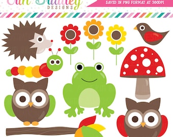 Forest Animals Nature Clipart Set Red Green Yellow Owls Frog Worm Bird Flowers Tree and Hedgehog Clip Art Instant Download