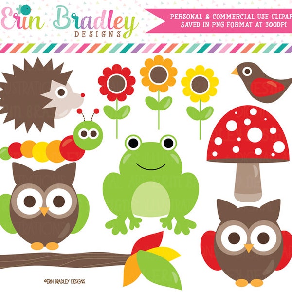 Forest Animals Nature Clipart Set Red Green Yellow Owls Frog Worm Bird Flowers Tree and Hedgehog Clip Art Instant Download