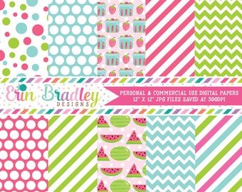 Watermelon Picnic Digital Paper Pack Watermelon Strawberries Chevron Stripes and Polka Dots Patterned Paper Set