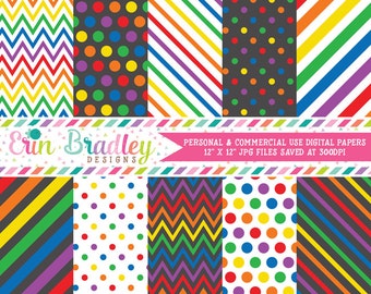 Rainbow Digital Paper Pack Rainbow Patterns Digital Scrapbook Papers Polka Dots Chevron Stripes Instant Download