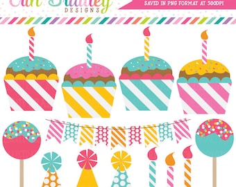 Birthday Party Clipart Cupcakes Cake Pops Party Hats Candles & Bunting Digital Commercial Use Clip Art Graphics
