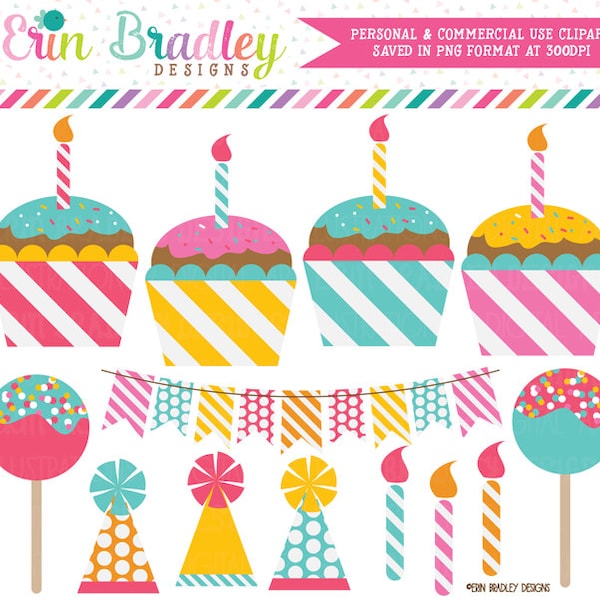 Birthday Party Clipart Cupcakes Cake Pops Party Hats Candles & Bunting Digital Commercial Use Clip Art Graphics