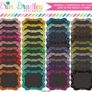 Glitter Clipart Frames - 40 Colors - Personal & Commercial Use Clip Art Glitter Label Graphics