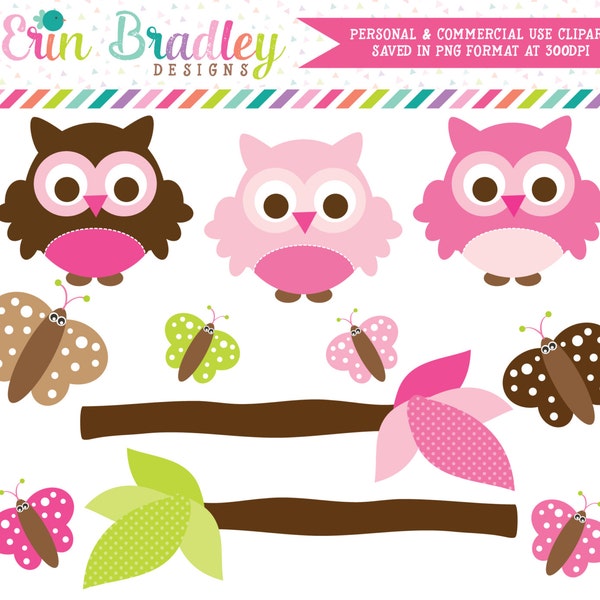 Pink Owl Clipart Butterflies and Tree Branches Commercial Use Digital Clip Art