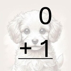 May include: A black and white illustration of a dog with the numbers 0 + 1 and a line underneath.