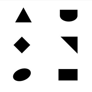 May include: A set of black geometric shapes, including a triangle, a diamond, an oval, a semicircle, a rectangle, and a pointed shape.