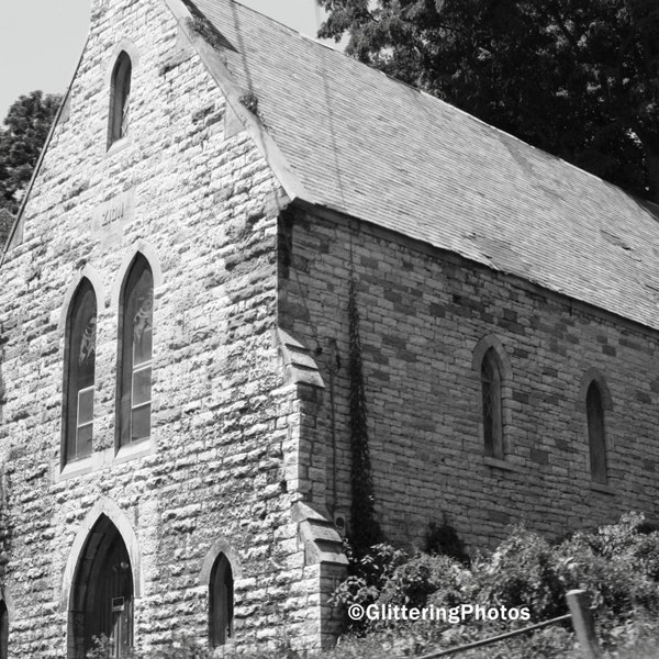 Church Photography, Fonda NY Print, Black White Photo, Mohawk River Valley, Adirondack Mountains, Gothic Architecture, Unframed, Free Ship