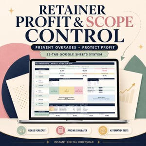 Könnte beinhalten: Ein Laptop-Bildschirm zeigt ein Google Sheets-System mit 23 Registerkarten unter dem Titel RETAINER PROFIT & SCOPE CONTROL. Das Dashboard enthält Datentabellen, Fortschrittsbalken und Finanzkennzahlen zur Überwachung von Budgets.