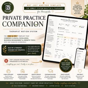 Könnte beinhalten: Eine digitale Vorlage für Therapeuten mit dem Titel Private Practice Companion, dargestellt auf einem Tablet und Smartphone. Die Benutzeroberfläche enthält Bereiche für klinische Dokumentation, Klienten-Pipelines und Praxismanagement.