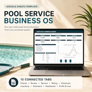 Może przedstawiać: Szablon Google Sheets dla systemu operacyjnego firmy serwisującej baseny wyświetlony na ekranie laptopa. Pulpit nawigacyjny pokazuje centrum dowodzenia z wykresami przychodów, zysków i wydatków. Tekst zawiera 15 połączonych kart dla klientów, tras, serwisu, rozliczeń, chemikaliów, zapasów, kalendarzy, pulpitu nawigacyjnego oraz zysków i strat.