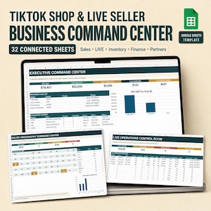 May include: A digital business management tool for TikTok Shop and live sellers, featuring a Google Sheets template with 32 connected sheets. The display shows an Executive Command Center, Sales Geography Command Center, and Live Operations Control Room.