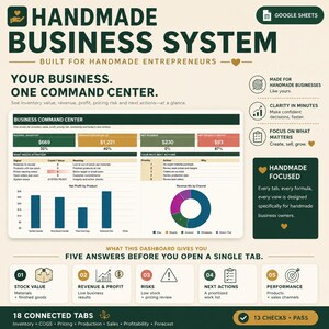 Handmade Business Inventory  Pricing Spreadsheet COGS Calculator, Profit Dashboard & Stock Tracker | Google Sheets Template