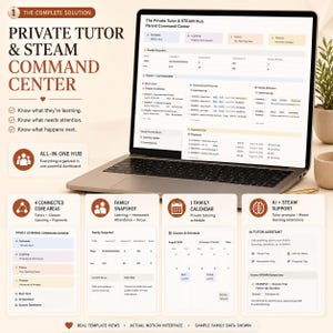 Puede incluir: Un portátil que muestra un panel de control Private Tutor and STEAM Command Center. La pantalla presenta secciones de horarios, aprendizaje, tutores y finanzas. Debajo hay cuatro tarjetas que detallan áreas clave, resúmenes y soporte de IA.